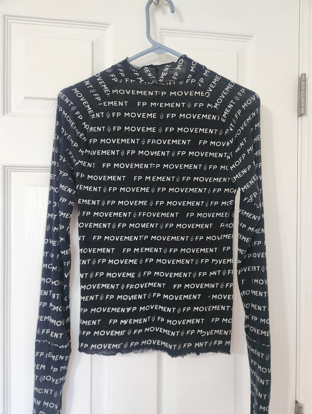 FP Movement  Monogram  Long Sleeve Top Black White Semi Sheer W/ Thumbholes Sz S